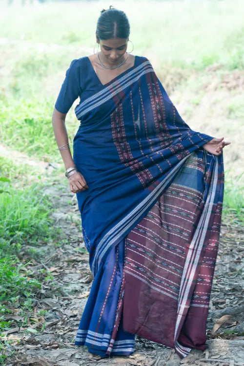 The ICH Sambalpuri Handwoven Ikat Soft Cotton Saree - Indra Neel