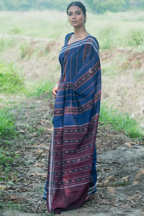 The ICH Sambalpuri Handwoven Ikat Soft Cotton Saree - Indra Neel