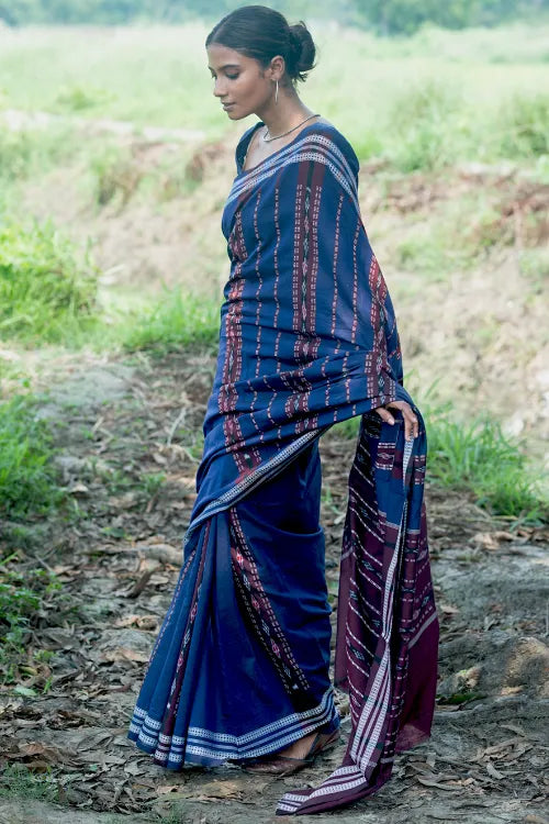 The ICH Sambalpuri Handwoven Ikat Soft Cotton Saree - Indra Neel