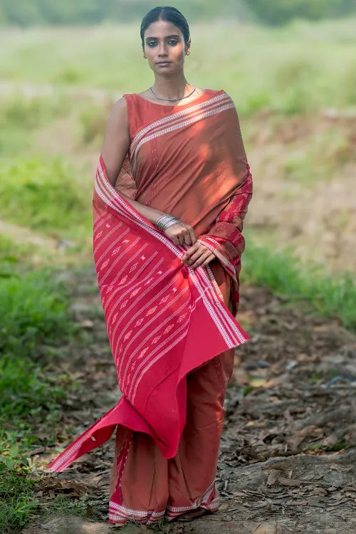The ICH Sambalpuri Handwoven Ikat Soft Cotton Saree - Lal Mrinal