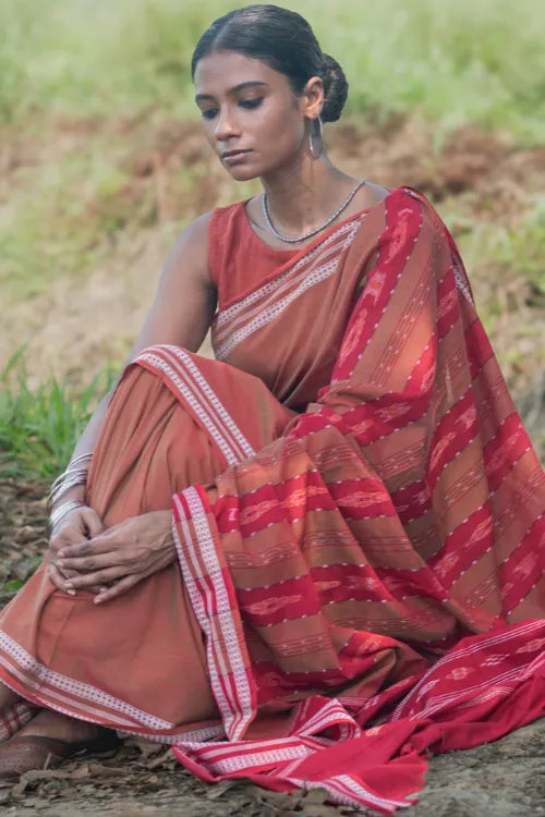 The ICH Sambalpuri Handwoven Ikat Soft Cotton Saree - Lal Mrinal