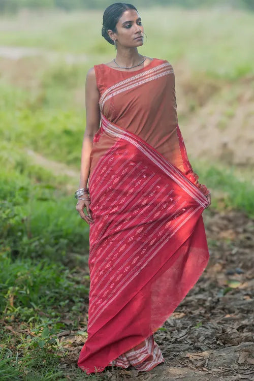 The ICH Sambalpuri Handwoven Ikat Soft Cotton Saree - Lal Mrinal