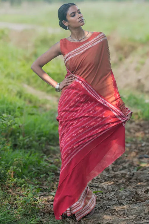 The ICH Sambalpuri Handwoven Ikat Soft Cotton Saree - Lal Mrinal