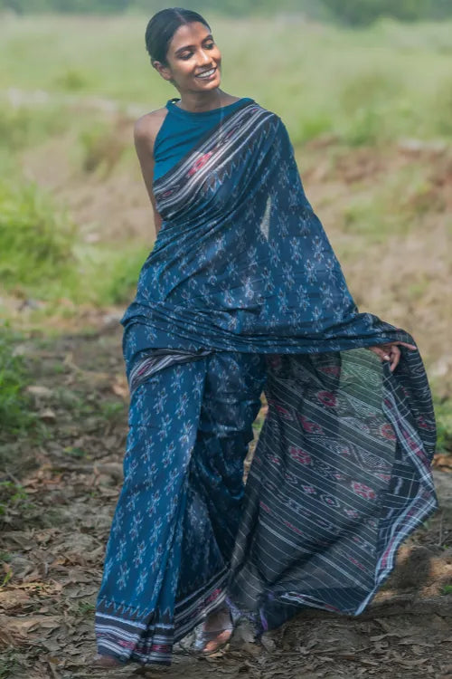 The ICH Sambalpuri Handwoven Ikat Soft Cotton Saree - Neel Nishith