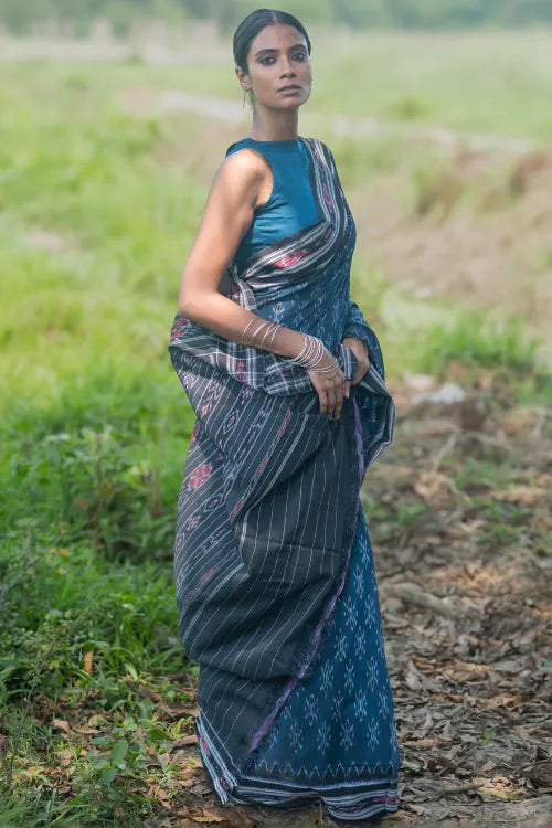 The ICH Sambalpuri Handwoven Ikat Soft Cotton Saree - Neel Nishith