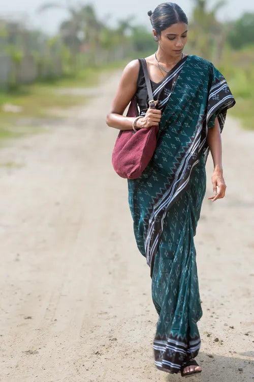 The ICH Sambalpuri Handwoven Ikat Soft Cotton Saree - Harit Tarang
