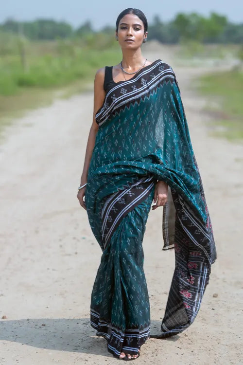 The ICH Sambalpuri Handwoven Ikat Soft Cotton Saree - Harit Tarang