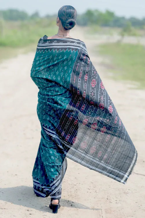 The ICH Sambalpuri Handwoven Ikat Soft Cotton Saree - Harit Tarang