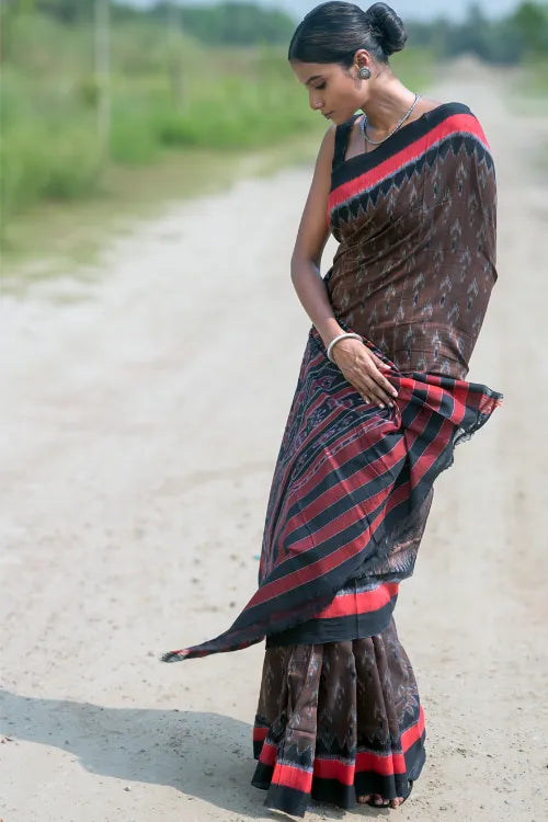 The ICH Sambalpuri Handwoven Ikat Soft Cotton Saree - Man Kasturi