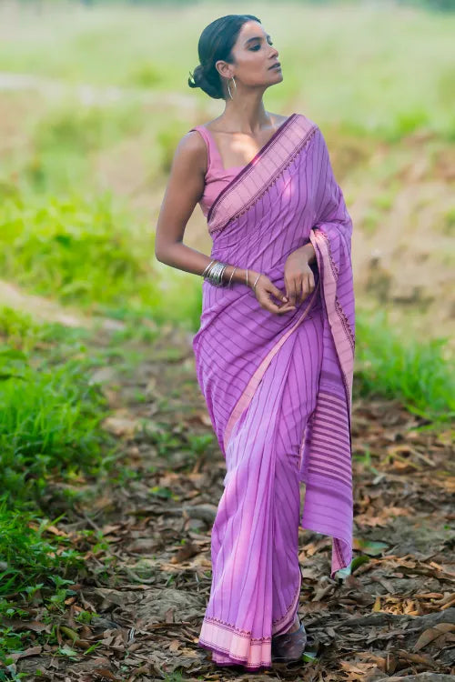 The ICH Bengal Weaves. Handwoven Cotton Saree - Lavender Rekha
