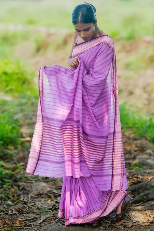 The ICH Bengal Weaves. Handwoven Cotton Saree - Lavender Rekha