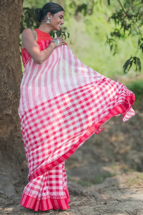 The ICH Bengal Weaves. Handwoven Cotton Saree - Lal Chakor