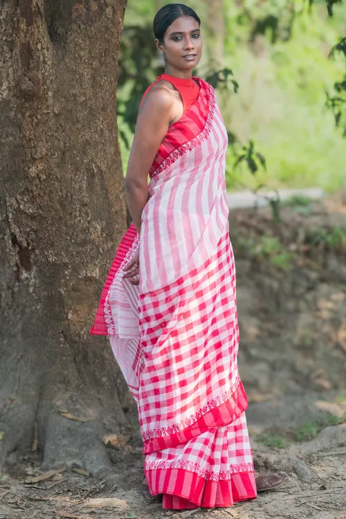 The ICH Bengal Weaves. Handwoven Cotton Saree - Lal Chakor