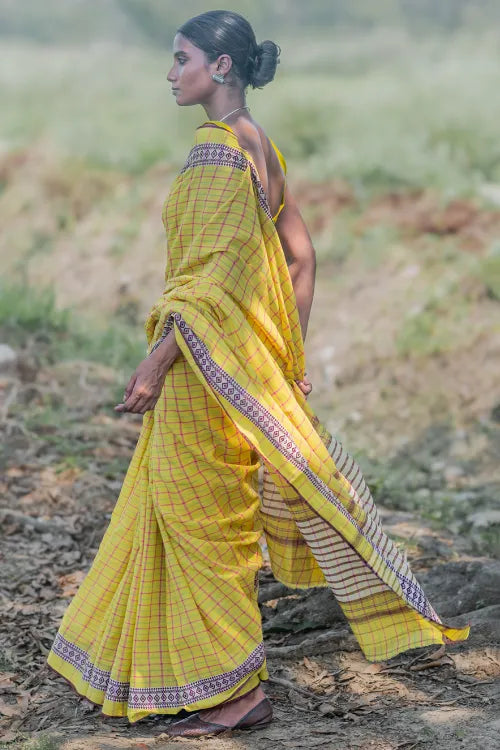 The ICH Bengal Weaves. Handwoven Cotton Saree - Haridra Rekh