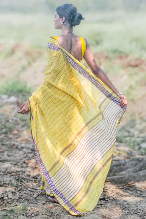 The ICH Bengal Weaves. Handwoven Cotton Saree - Haridra Rekh