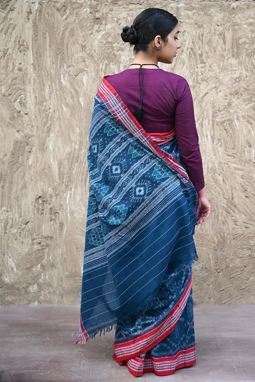 Sambalpuri Handwoven Ikat Soft Cotton Saree - Neel Rekha