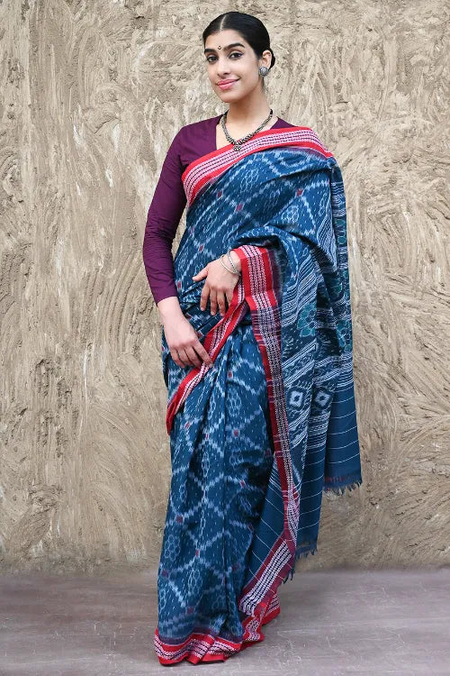 Sambalpuri Handwoven Ikat Soft Cotton Saree - Neel Rekha