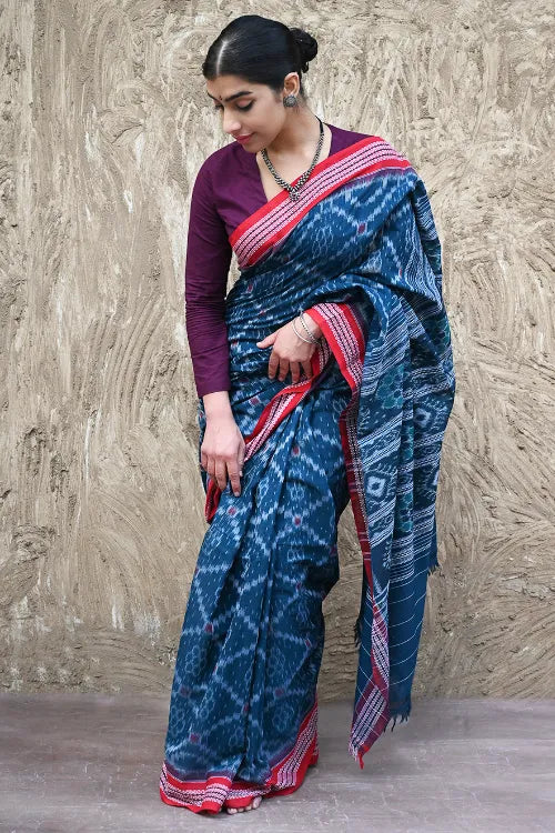 Sambalpuri Handwoven Ikat Soft Cotton Saree - Neel Rekha