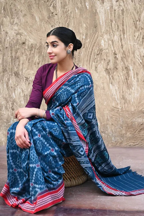 Sambalpuri Handwoven Ikat Soft Cotton Saree - Neel Rekha