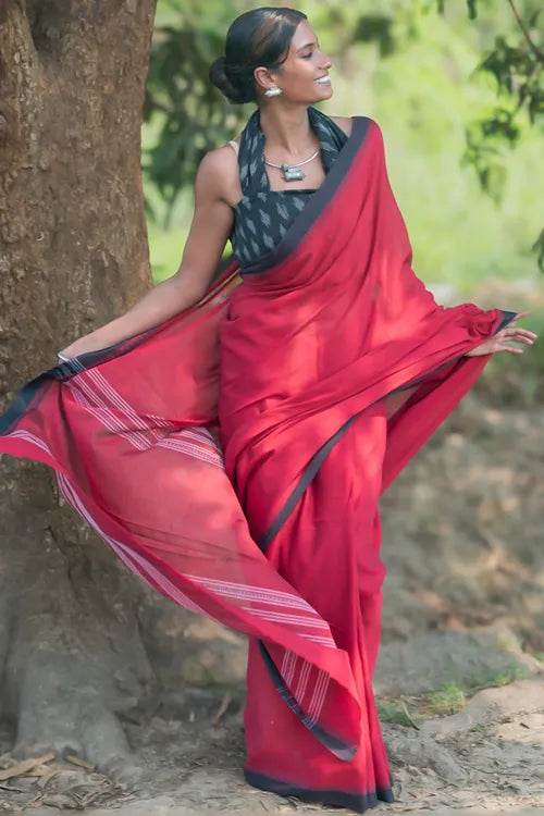 The ICH Bengal Weaves. Handwoven Soft Cotton Saree - Ruby Rose