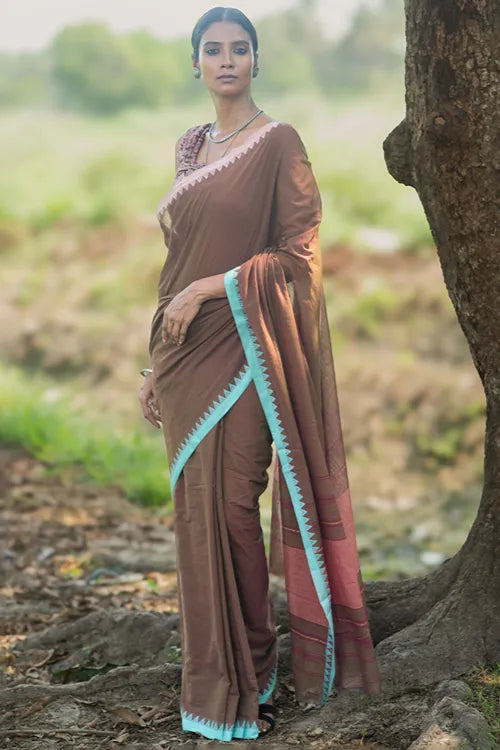 The ICH Bengal Weaves. Handwoven Soft Cotton Saree - Cocoa Breeze