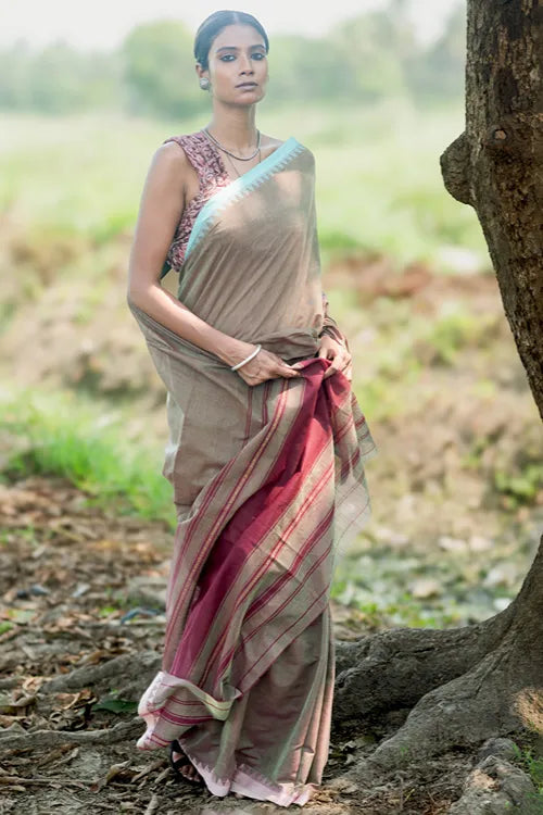 The ICH Bengal Weaves. Handwoven Soft Cotton Saree - Misty Taupe