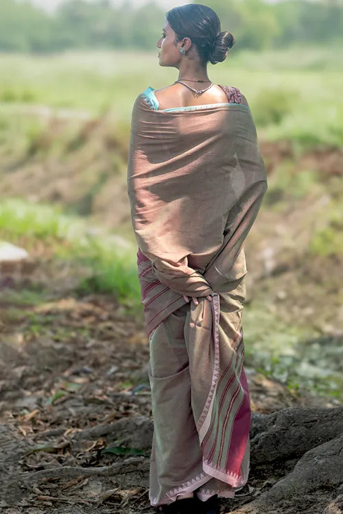 The ICH Bengal Weaves. Handwoven Soft Cotton Saree - Misty Taupe