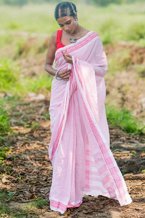 The ICH Bengal Weaves. Handwoven Soft Cotton Saree - Rose Grids