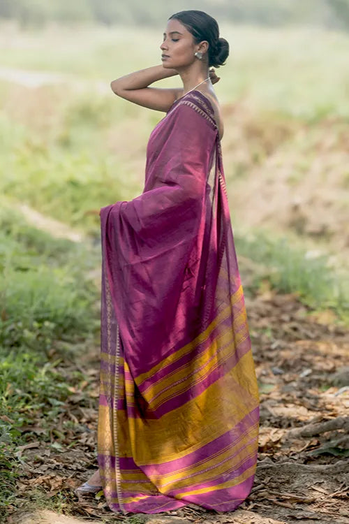 The ICH Bengal Weaves. Handwoven Soft Cotton Saree - Mulberry Borders