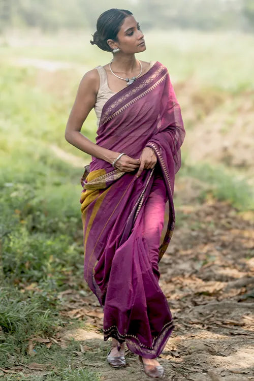 The ICH Bengal Weaves. Handwoven Soft Cotton Saree - Mulberry Borders