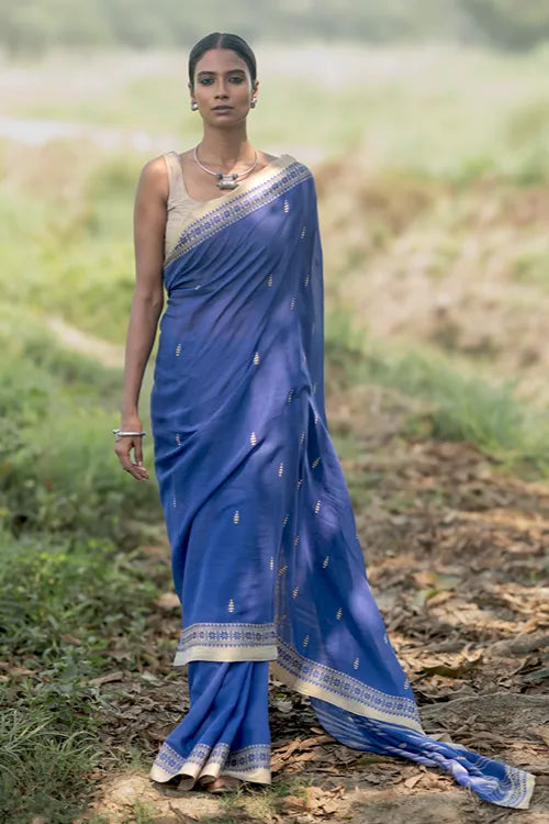 The ICH Bengal Weaves. Handwoven Soft Cotton Saree - Sapphire Meadow