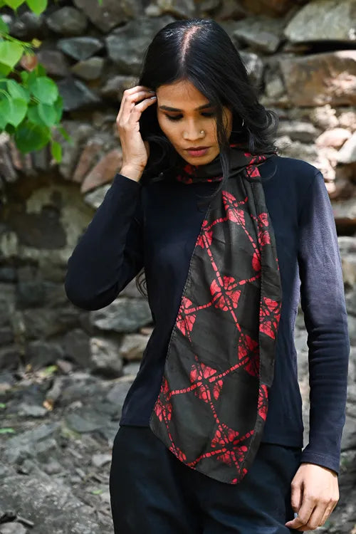 The ICH Light & Soft. Handcrafted Silk Batik Scarf - Crimson Grid