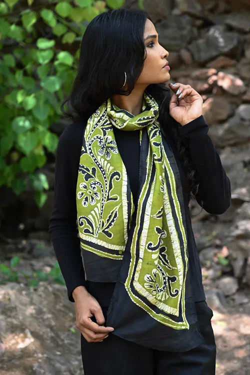 The ICH Light & Soft. Handcrafted Silk Batik Scarf - Olive Garden