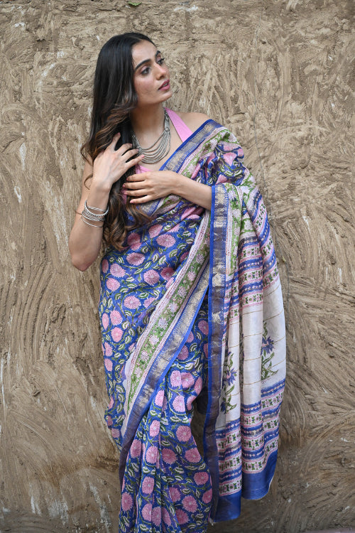 The ICH Sanganer Summers. Hand Block Printed Maheshwari Silk Cotton Saree- Neel Kamalini