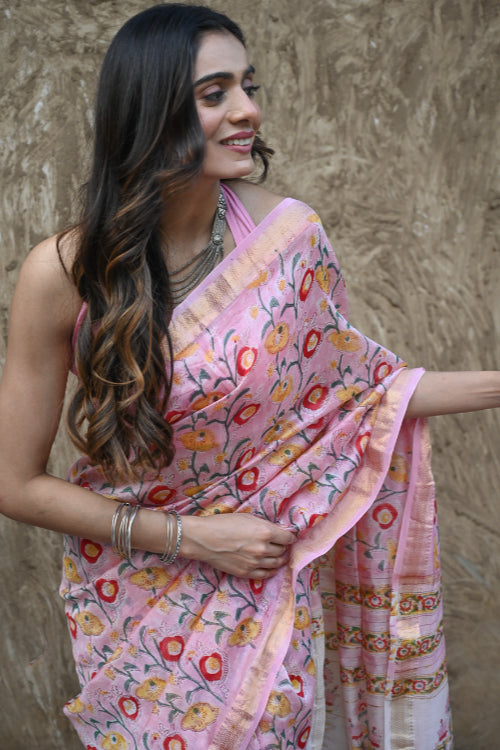 The ICH Sanganer Summers. Hand Block Printed Maheshwari Silk Cotton Saree - Kusuma