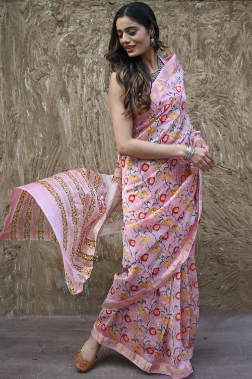 The ICH Sanganer Summers. Hand Block Printed Maheshwari Silk Cotton Saree - Kusuma