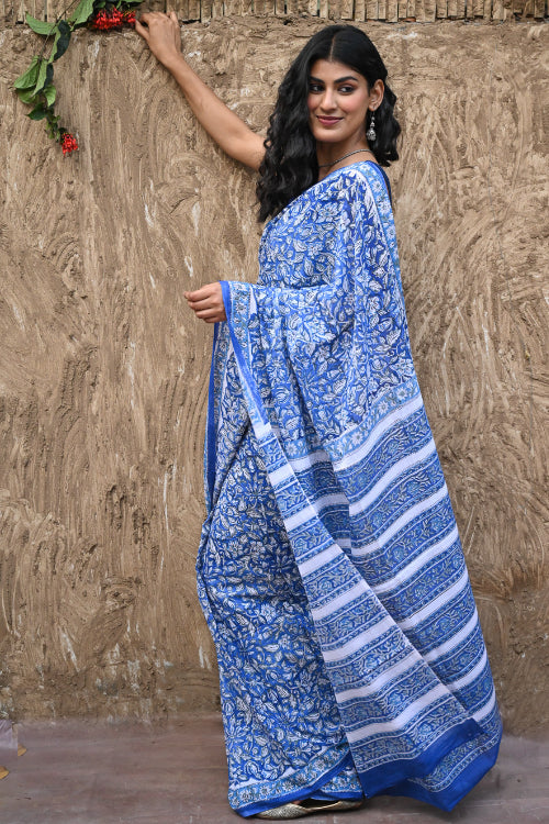 The ICH Sanganer Summers. Hand Block Printed Maheshwari Mul Cotton Saree - Vanaja