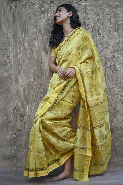 The ICH Sanganer Summers. Hand Block Printed Maheshwari Silk Cotton Saree - Pankaja