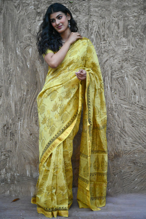 The ICH Sanganer Summers. Hand Block Printed Maheshwari Silk Cotton Saree - Pankaja