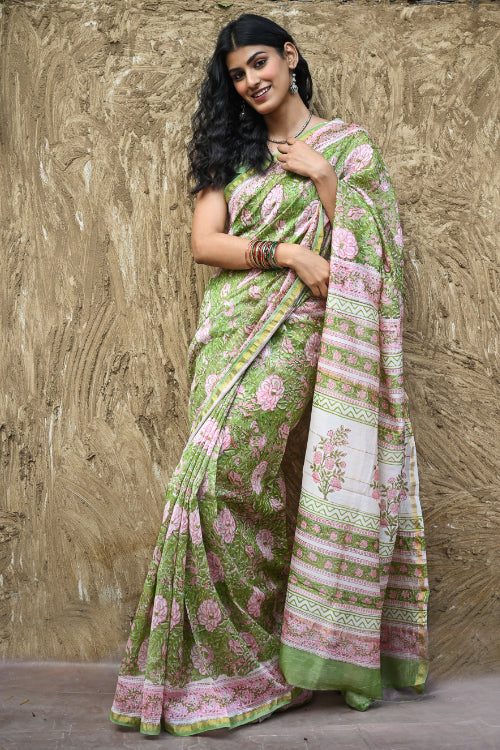 The ICH Sanganer Summers. Hand Block Printed Chanderi Saree - Green Florals