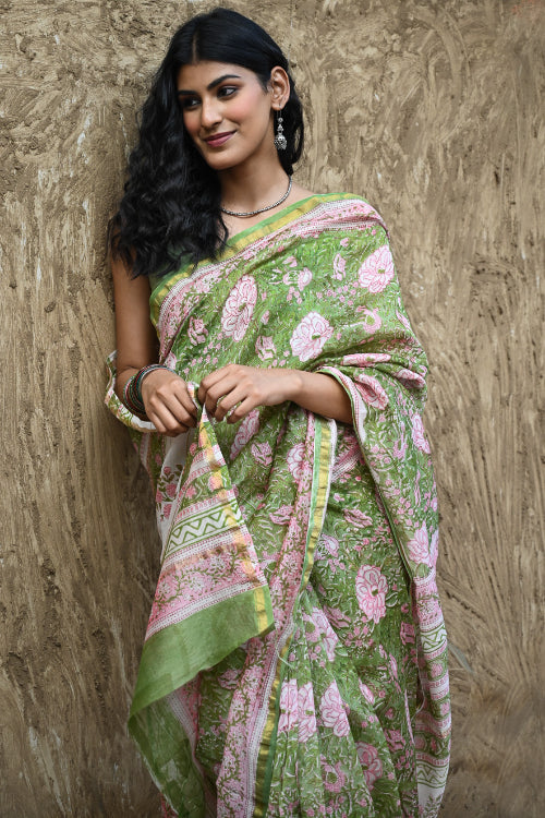 The ICH Sanganer Summers. Hand Block Printed Chanderi Saree - Green Florals