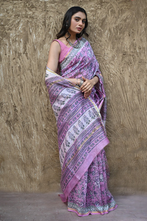 The ICH Sanganer Summers. Hand Block Printed Chanderi Saree - Mauve Petals