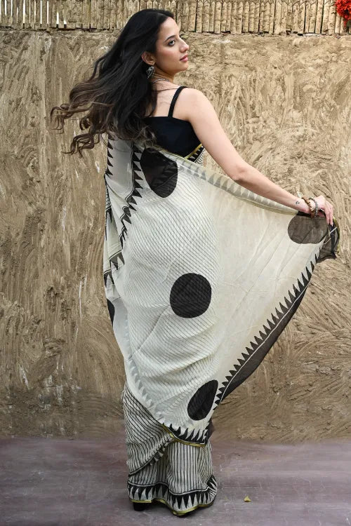 The ICH Bagru Statements : Hand Block Printed Chiffon Saree - Striking Stripes