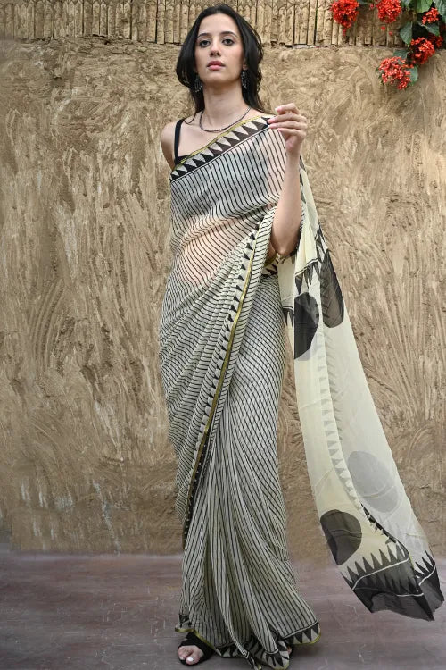 The ICH Bagru Statements : Hand Block Printed Chiffon Saree - Striking Stripes