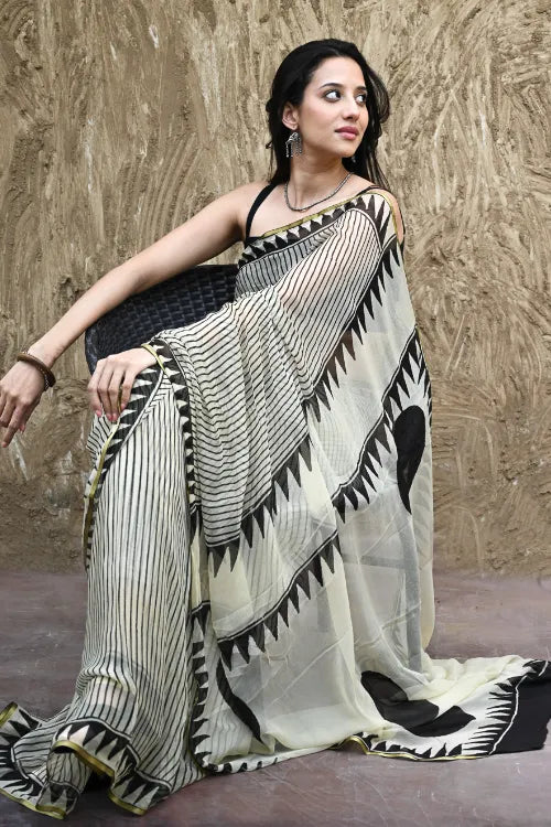 The ICH Bagru Statements : Hand Block Printed Chiffon Saree - Striking Stripes