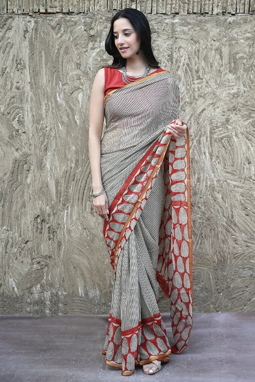 The ICH Bagru Statements : Hand Block Printed Chiffon Saree - Striped Elegance