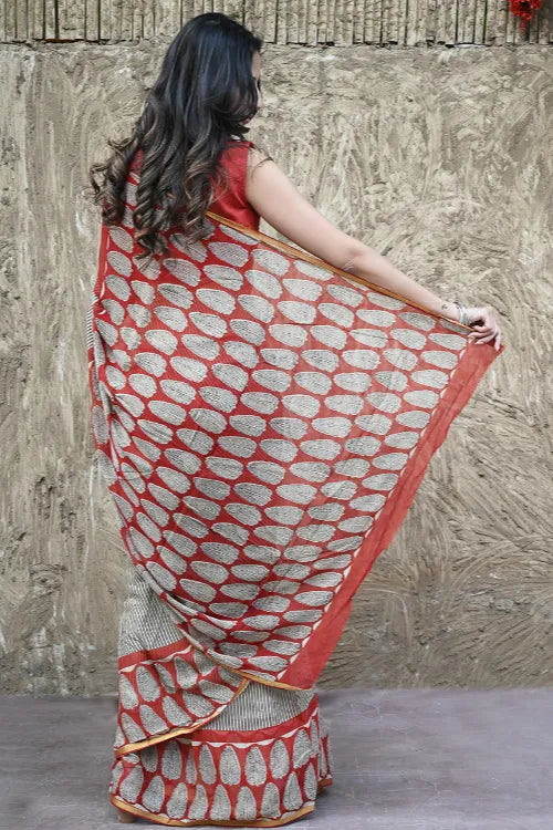 The ICH Bagru Statements : Hand Block Printed Chiffon Saree - Striped Elegance