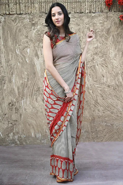 The ICH Bagru Statements : Hand Block Printed Chiffon Saree - Striped Elegance