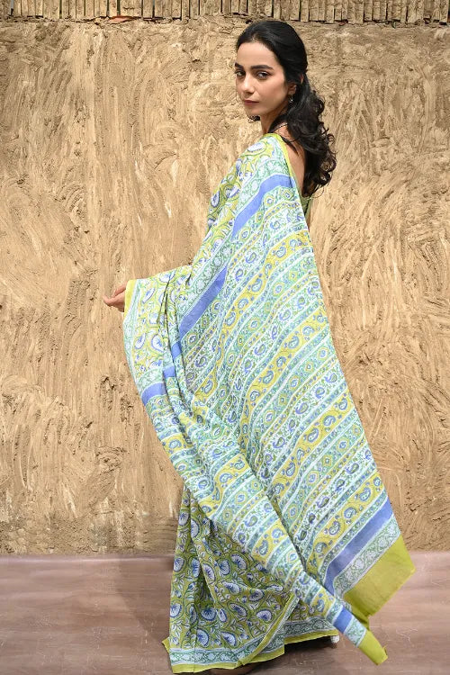 The ICH Sanganer Summers : Hand Block Printed Kota Doria Saree - Fresh Lime Garden
