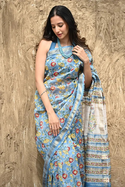 The ICH Sanganer Summers : Hand Block Printed Maheshwari Saree - Blue Bells